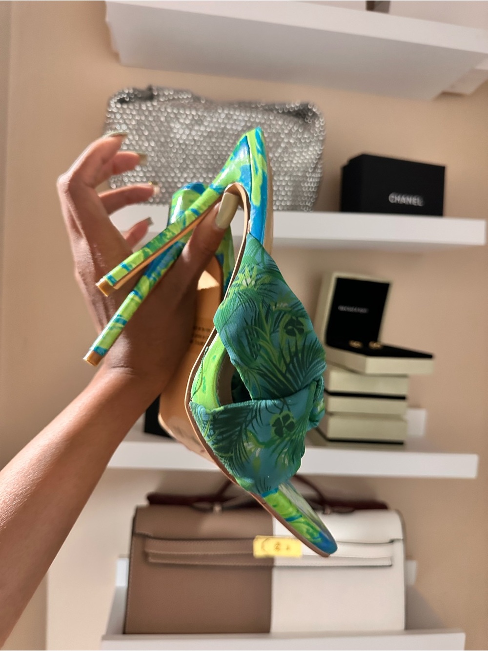 Fashion Nova Green Blue Tropical Knot High Heel Slide - Picture 4 of 8